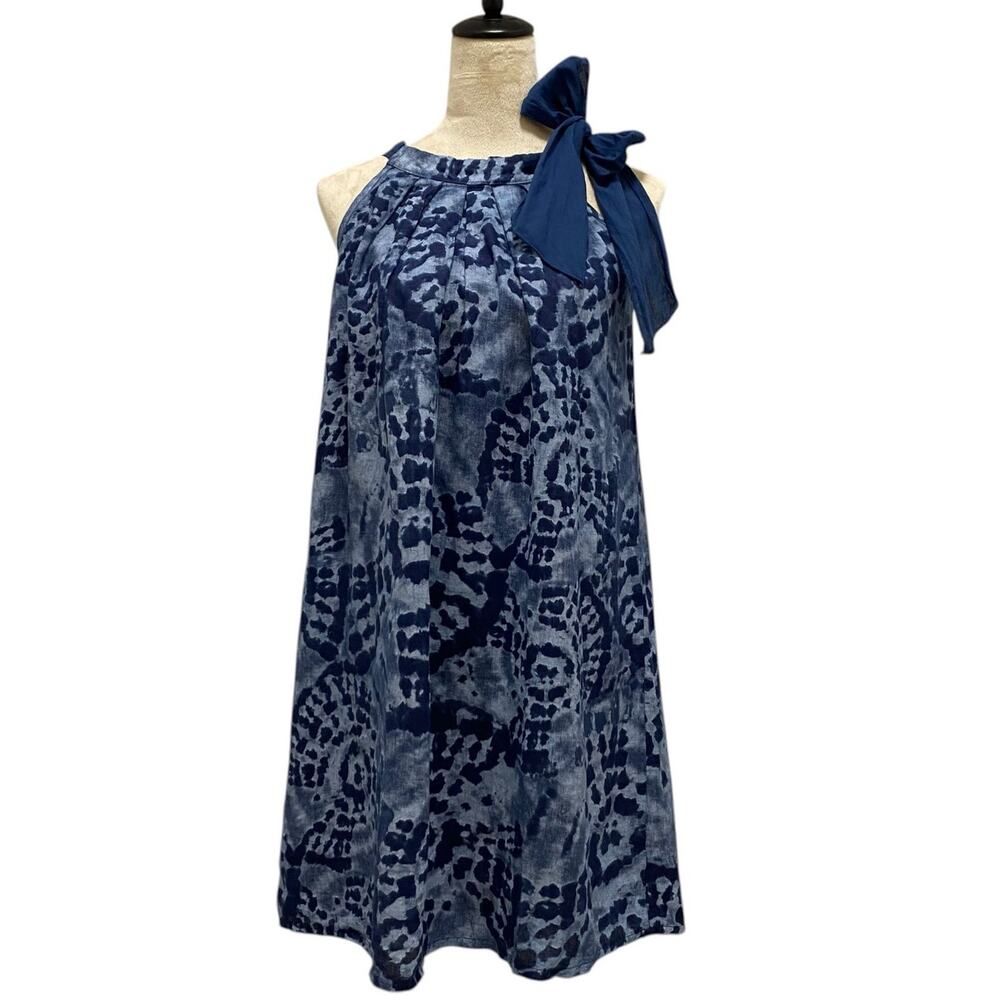 Bellambra Italy Women's Linen Dress X-Small Blue Tie Dye Sleeveless Bow Strap